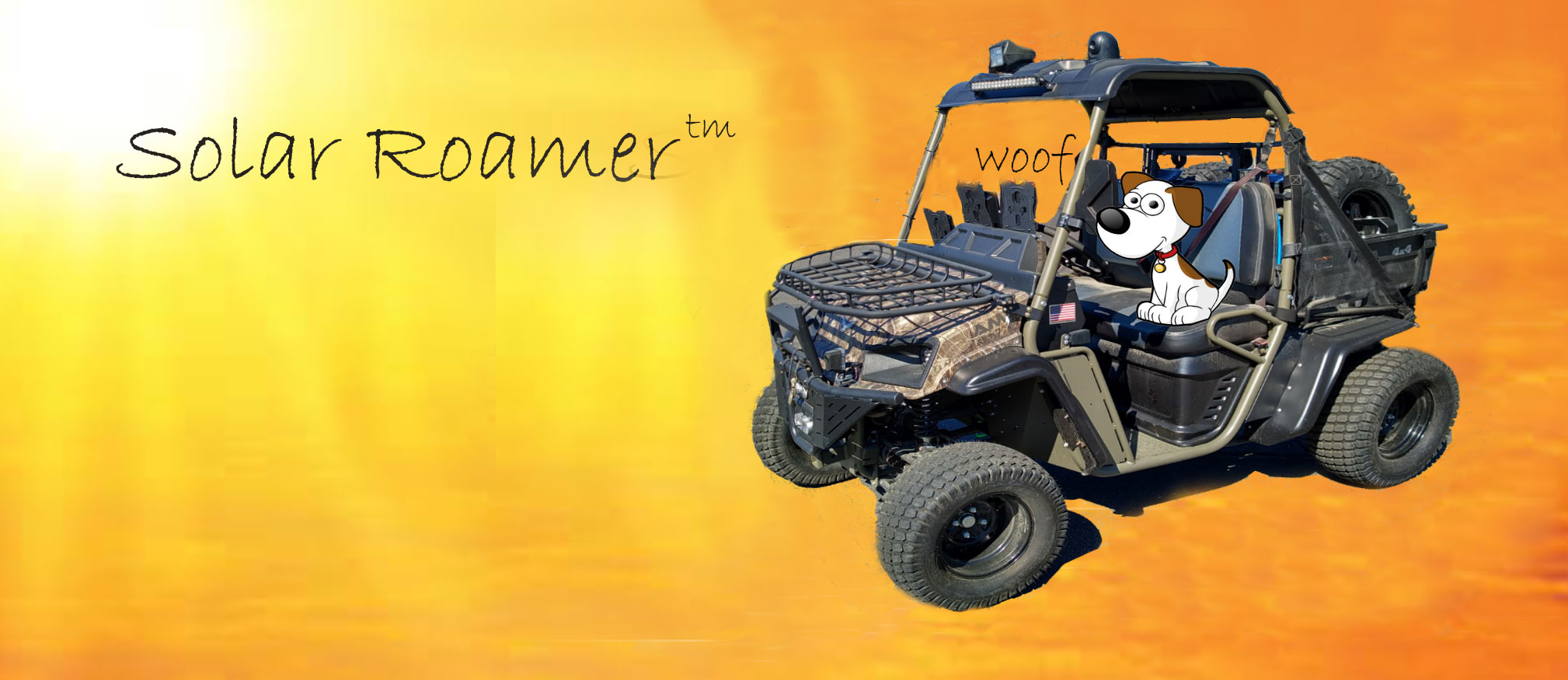 The Solar Roamer with a cute cartoon dog saying Woof